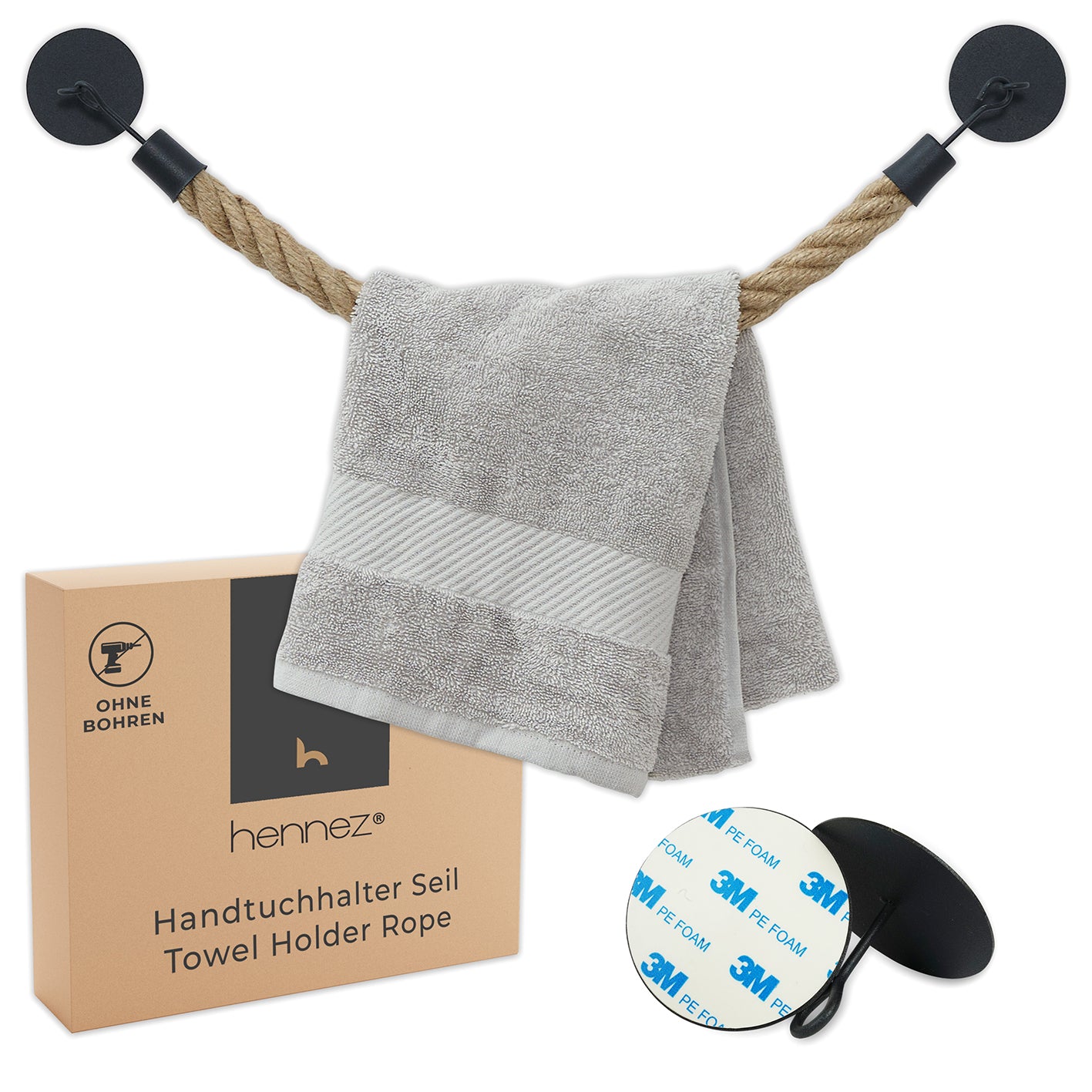 Handtuchhalter - Braun/Schwarz mit 3M-Klebeband, handgefertigt aus Jute und Metall, stilvoller Halter für Bad und Küche.