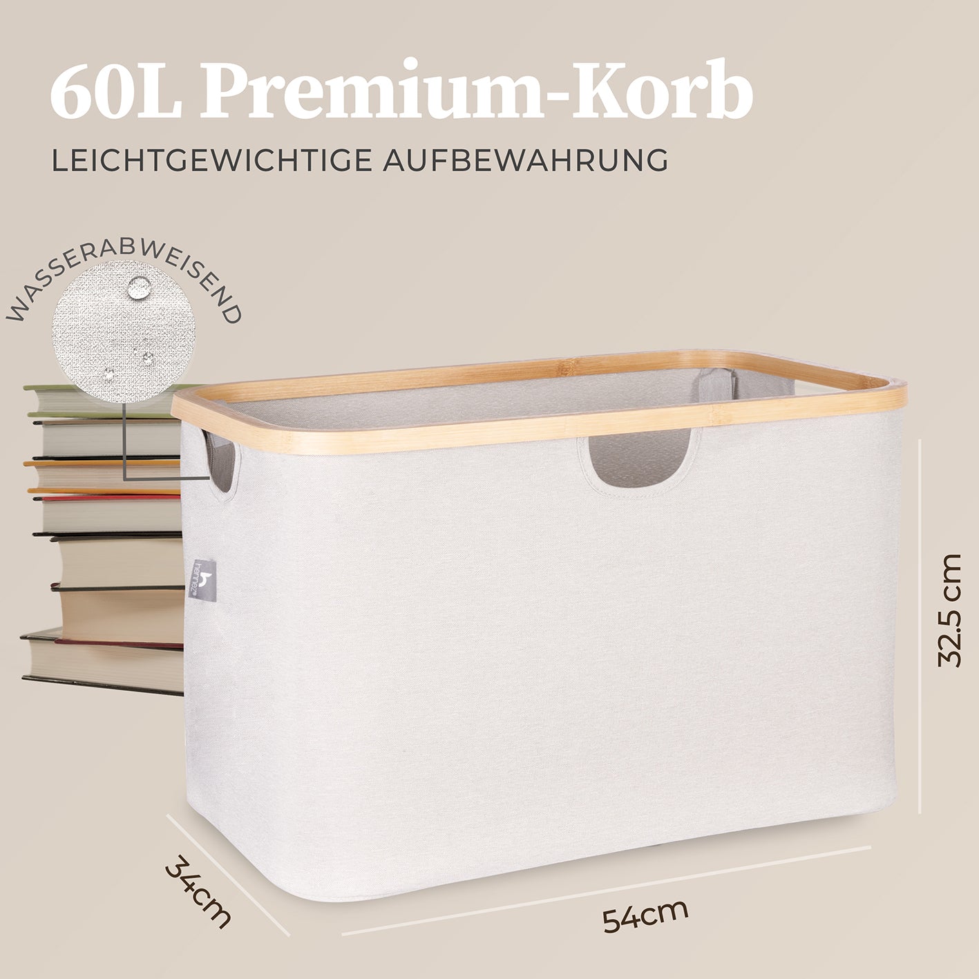 Aufbewahrungskorb "Adrian" 60 l Beige/Hellgrau mit Bambusrahmen, faltbar, stabil und wasserabweisend, ideal für vielseitige Aufbewahrung.