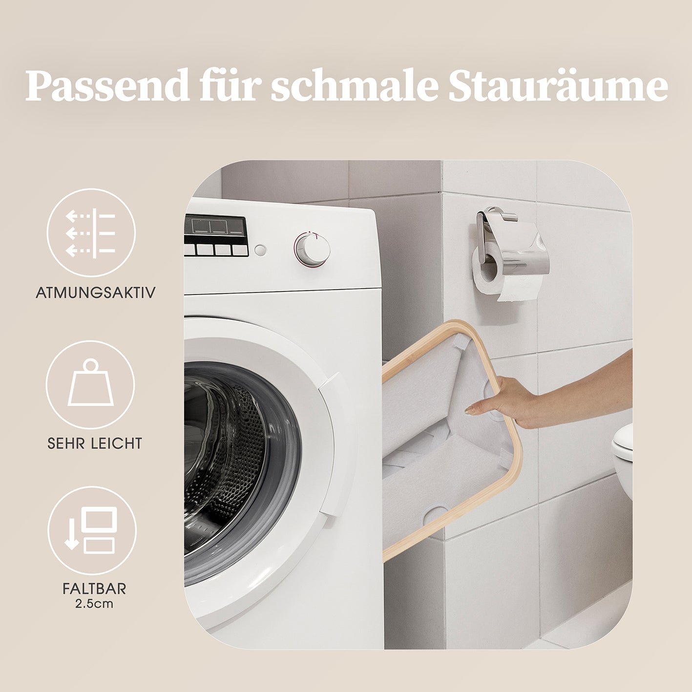Aufbewahrungskorb "Adrian" 60 l in Beige/Hellgrau, faltbar, atmungsaktiv und stabil mit Bambusrahmen für kleine Räume.