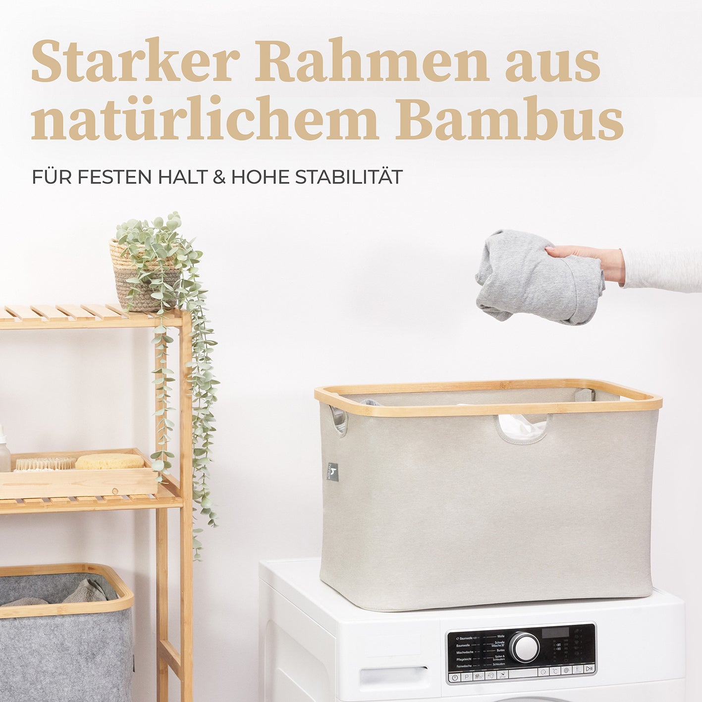 Aufbewahrungskorb "Adrian" 60 l beige/hellgrau mit stabilem Bambusrahmen, faltbar, ideal für Wäsche, Spielzeug und vielseitige Aufbewahrung.