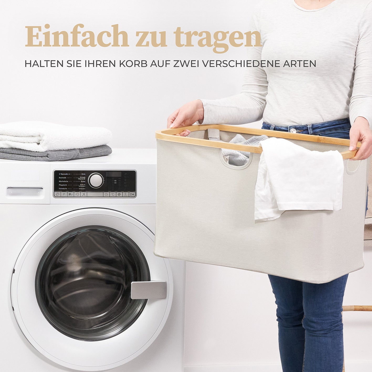 Aufbewahrungskorb "Adrian" 60 l Beige/Hellgrau mit Bambusrahmen, faltbar und stabil, ideal fürs Wäschetragen und Aufbewahren.