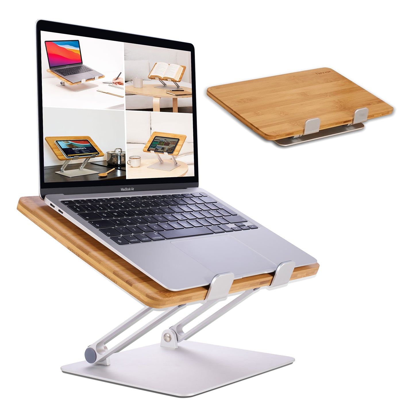 Laptop-Ständer - Holz, ergonomisch verstellbar mit Schraubscharnieren, rutschfest und klappbar, passend für Laptops und Tablets.