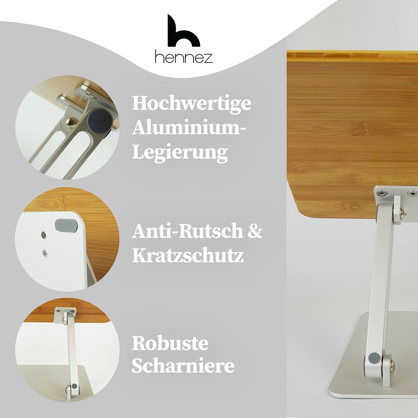 Laptop-Ständer - Holz mit robuster Aluminium-Legierung, Anti-Rutsch-Funktion und stabilen Scharnieren für optimale Ergonomie.