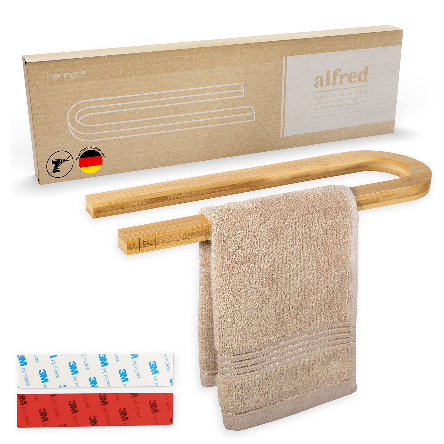 Handtuchstange "Alfred" ohne Bohren aus Bambus mit selbstklebender Montage, nachhaltig und vielseitig für Bad und Küche.