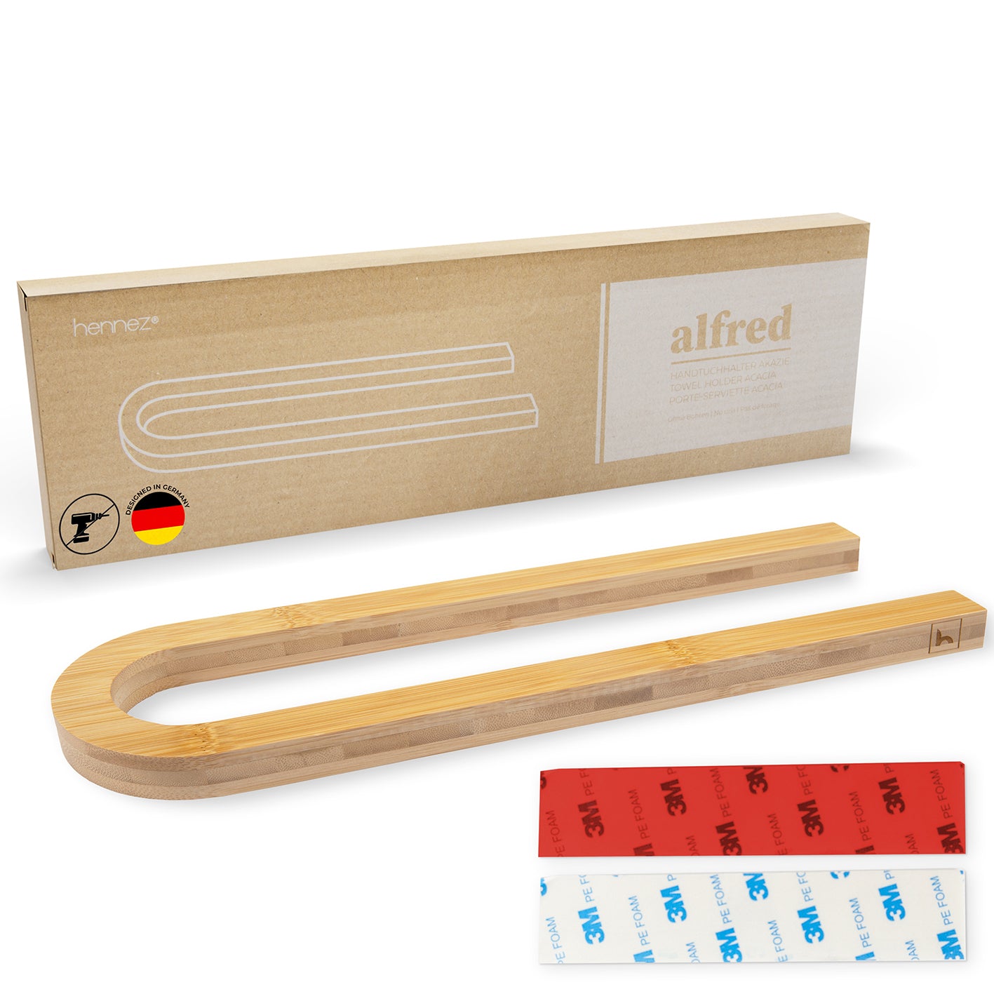 Handtuchstange "Alfred" ohne Bohren aus Bambus mit selbstklebender Montage, nachhaltig und plastikfrei für Bad und Küche.