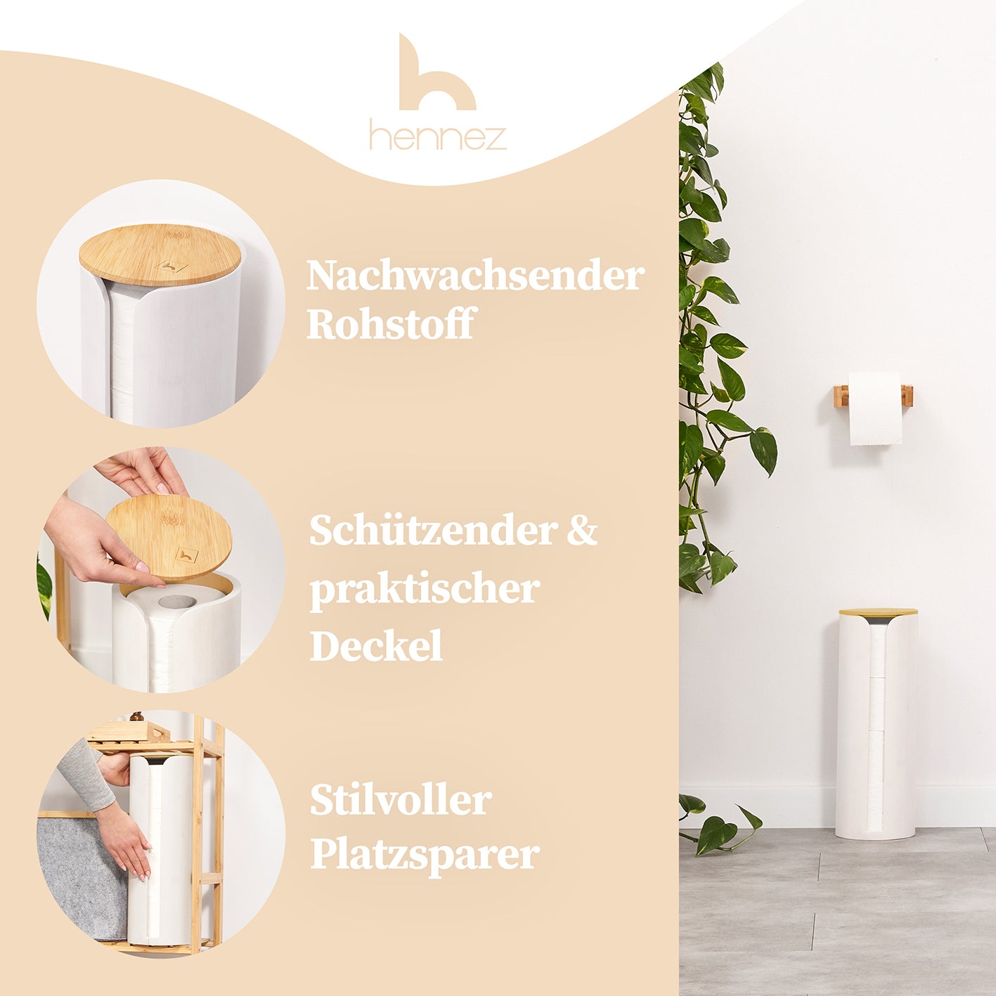 Hennez Toilettenpapier-Aufbewahrung "Maria" - Weiß aus Bambus, platzsparend, mit Deckel und Füllstandsanzeige für 4 Rollen.