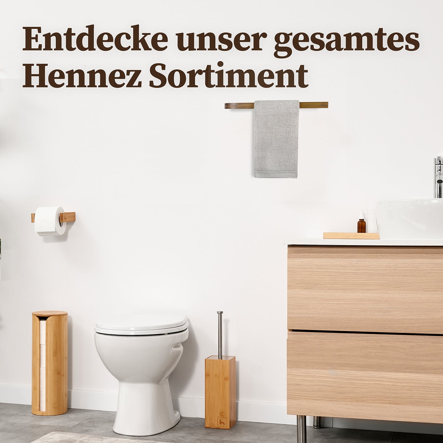 Handtuchstange "Alfred" ohne Bohren aus Akazienholz im modernen Bad, selbstklebend und plastikfrei für Bad und Gäste-WC.