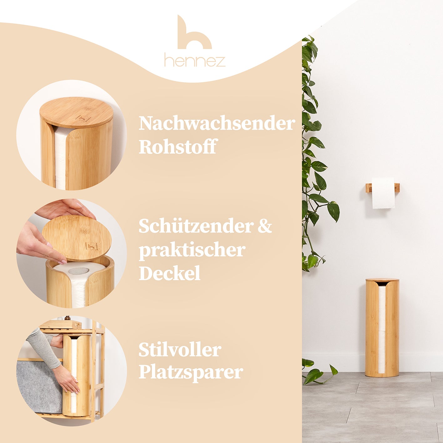 Toilettenpapier-Aufbewahrung "Maria" - Bambus als stilvoller, nachhaltiger WC-Rollenhalter mit praktischem Deckel und platzsparendem Design.