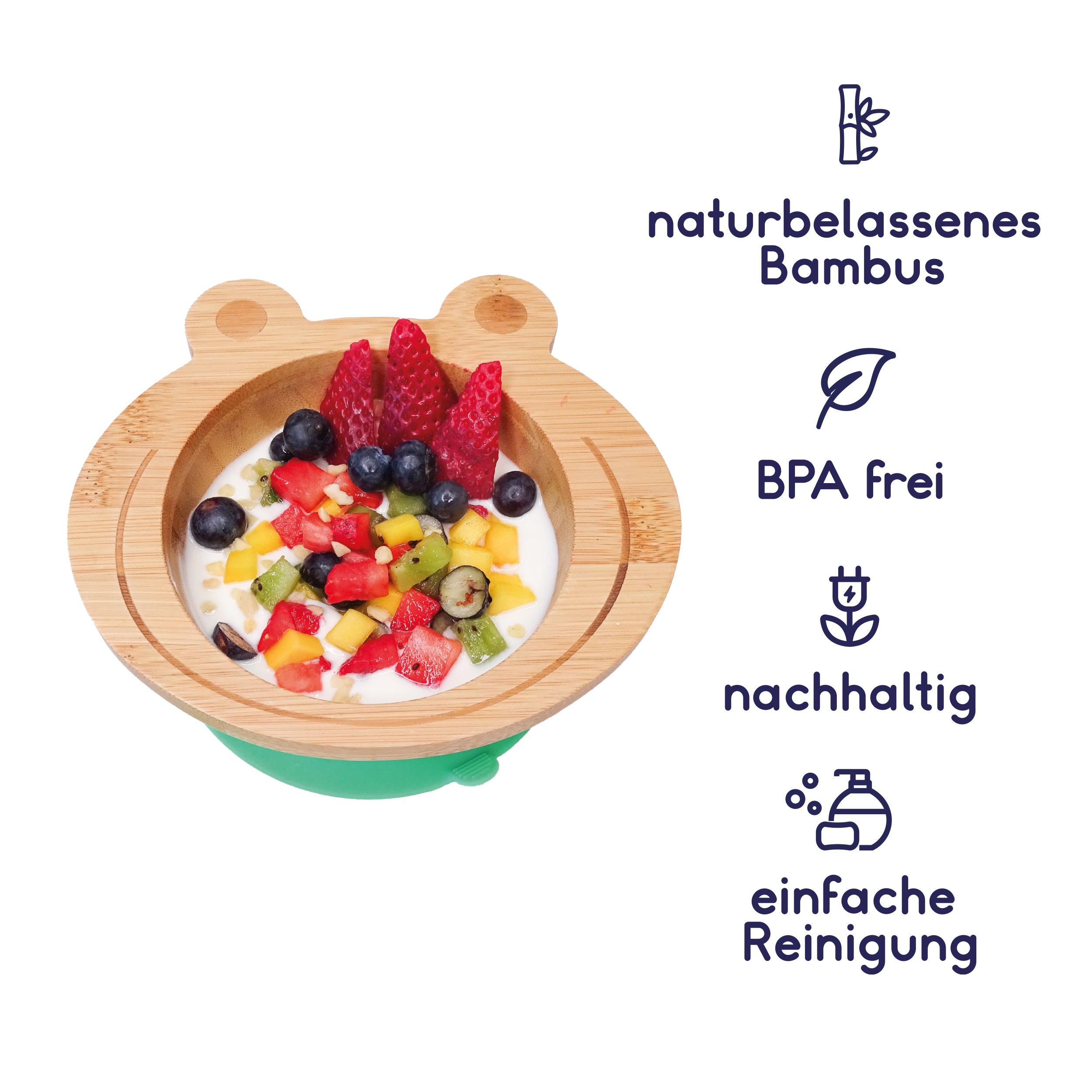 Bambus-Schüssel für Kinder inkl. Löffel - mit Froschmotiv - Grün, gefüllt mit Früchten, naturbelassen, BPA frei, nachhaltig und leicht zu reinigen.