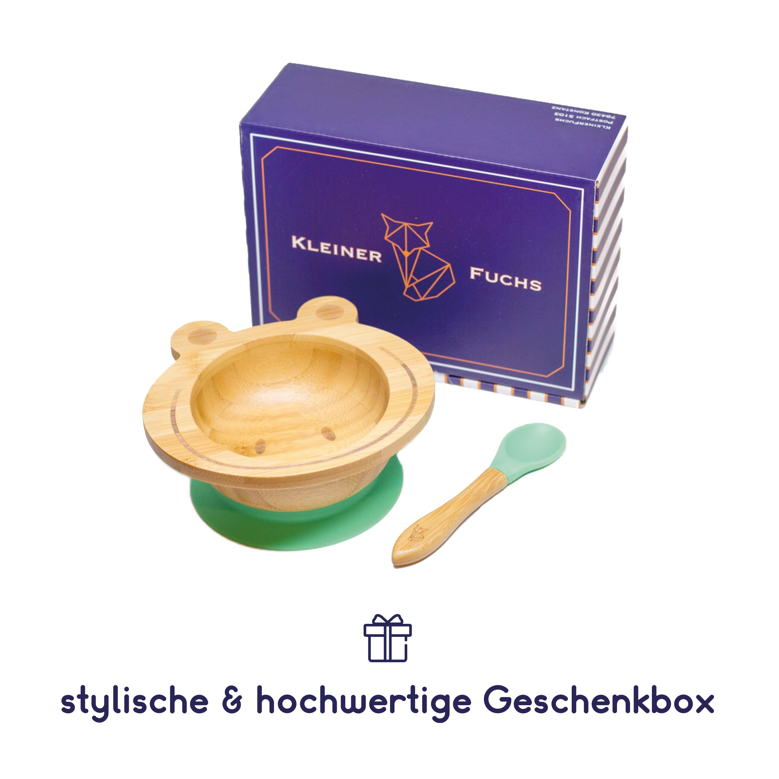 Bambus-Schüssel für Kinder inkl. Löffel - mit Froschmotiv - Grün mit Saugnapf und Geschenkbox aus nachhaltigem Material.
