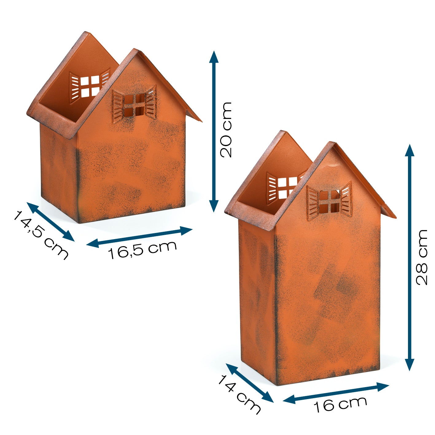 Rost-Pflanztöpfe - 2er-Set mit Haus-Design, Rost-Optik, wetterbeständig, Abflussloch, ideal für Garten, Terrasse oder Balkon.