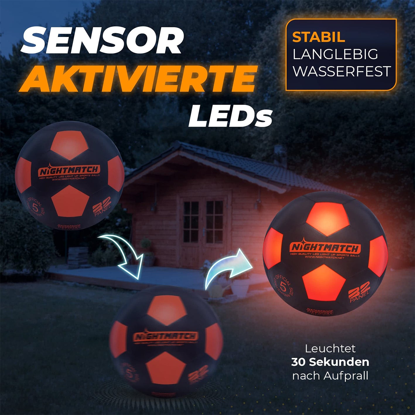 Leuchtfußball - Komplettset - Schwarz-Orange mit sensoraktivierten LEDs, stabil, langlebig und wasserfest, leuchtet 30 Sekunden nach Aufprall.