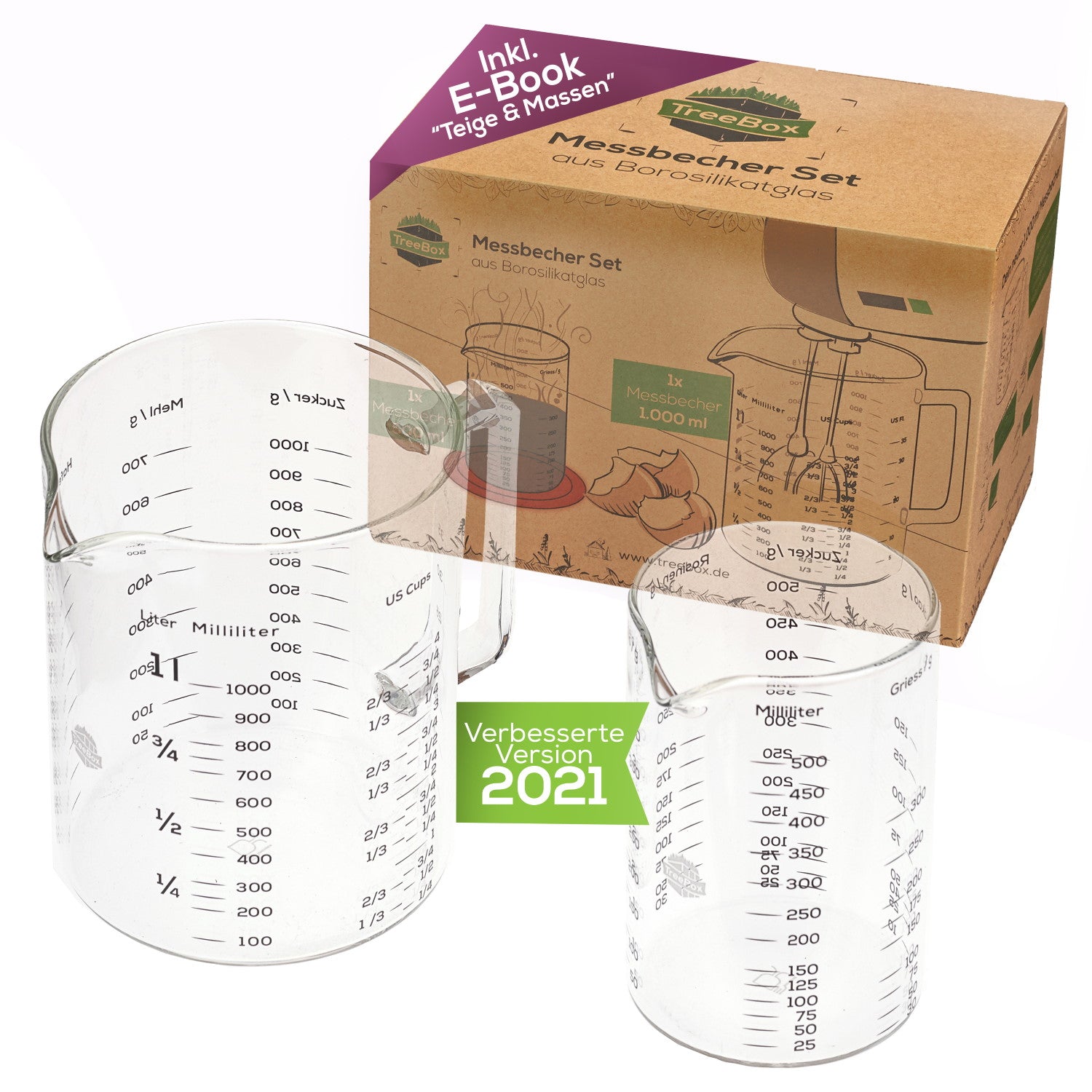 Messbecher - Glas - 1 L & 500 ml - 2er Set aus klarem Borosilikatglas mit Skalen in verschiedenen Maßeinheiten und Ausguss.