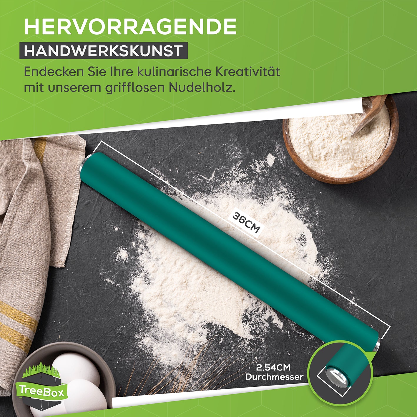 Teigroller aus Silikon - Cyan liegt auf mit Mehl bestäubtem Untergrund zum Ausrollen von Teig ohne Griffe.
