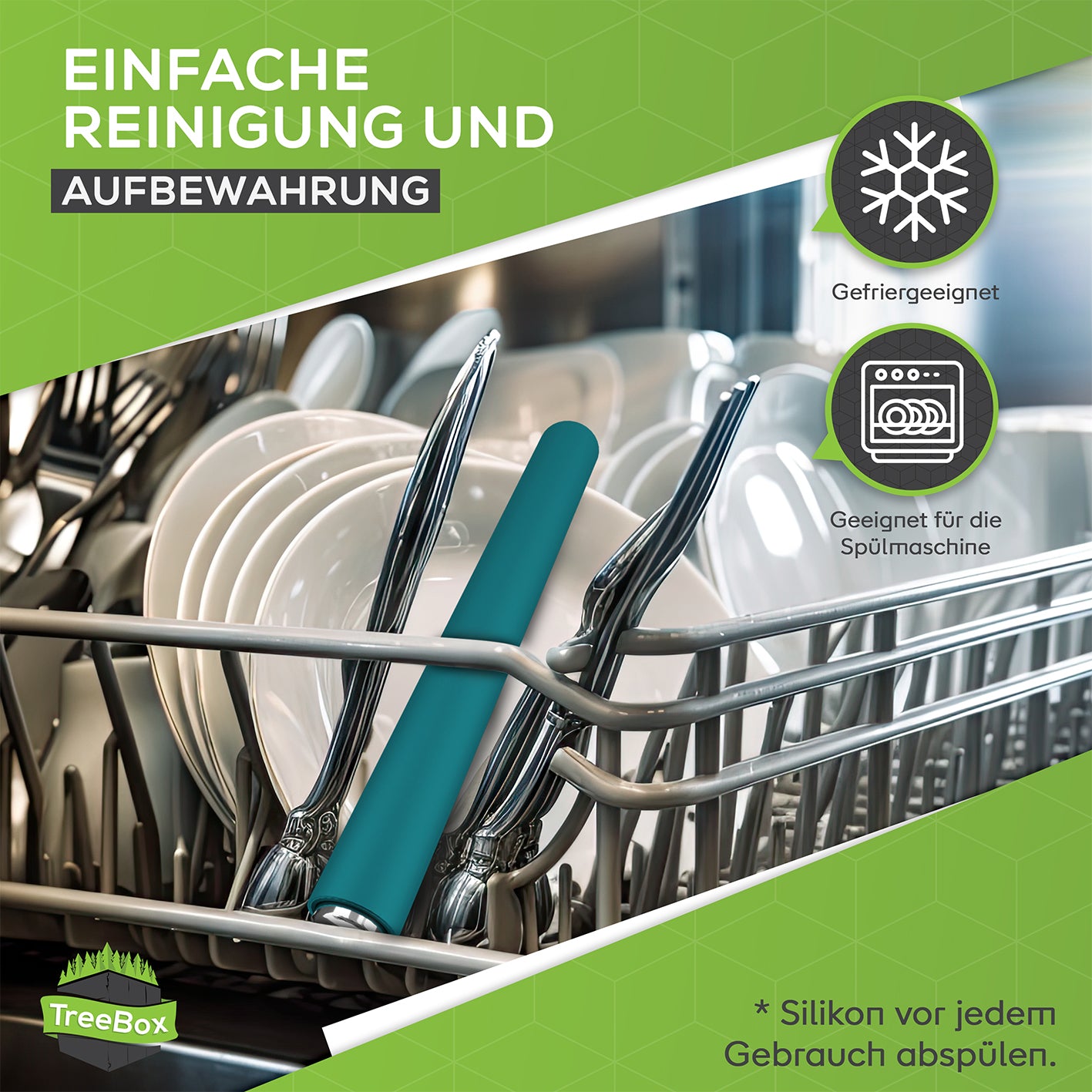 Teigroller aus Silikon - Cyan in Besteckkorb im Geschirrspüler zur einfachen Reinigung und Aufbewahrung.