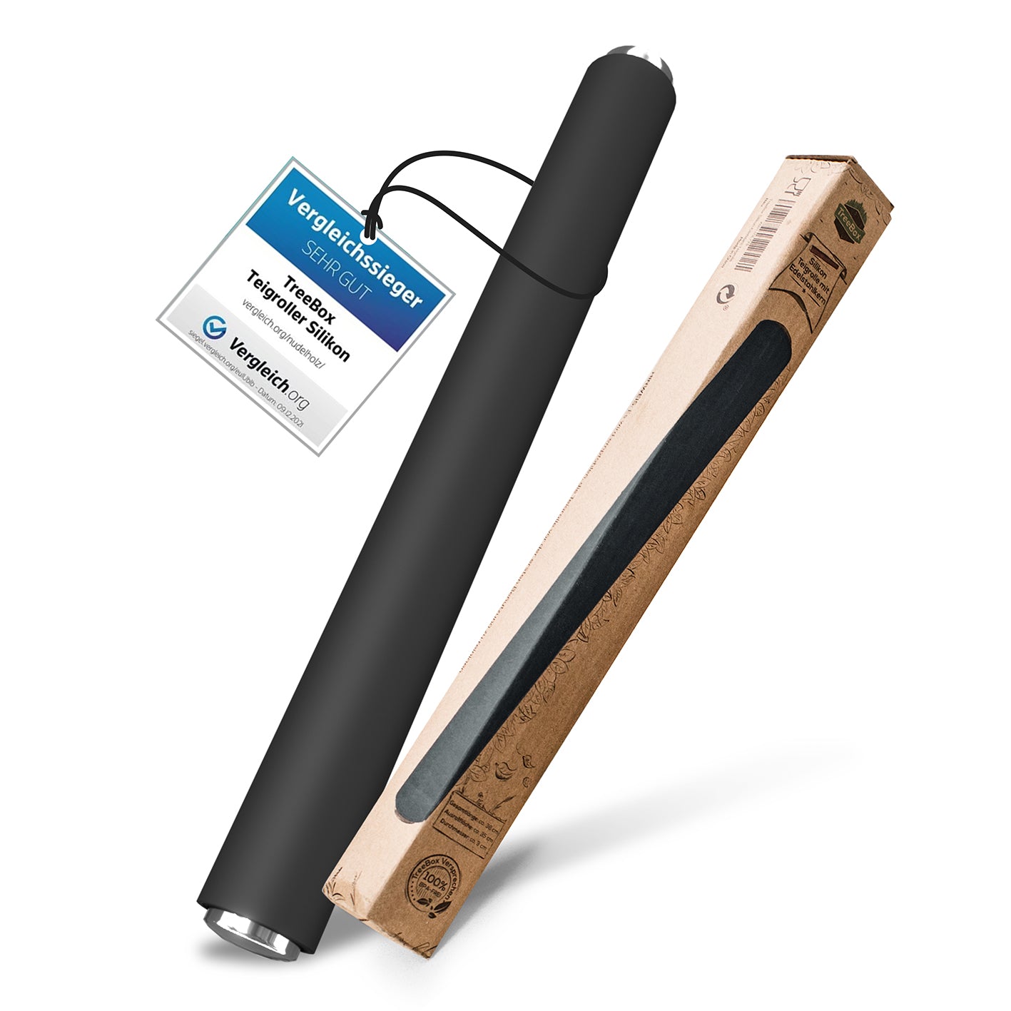 Teigroller aus Silikon - Schwarz mit ergonomischem Griff und praktischer Aufbewahrungsverpackung, ideal zum Ausrollen von Teig.