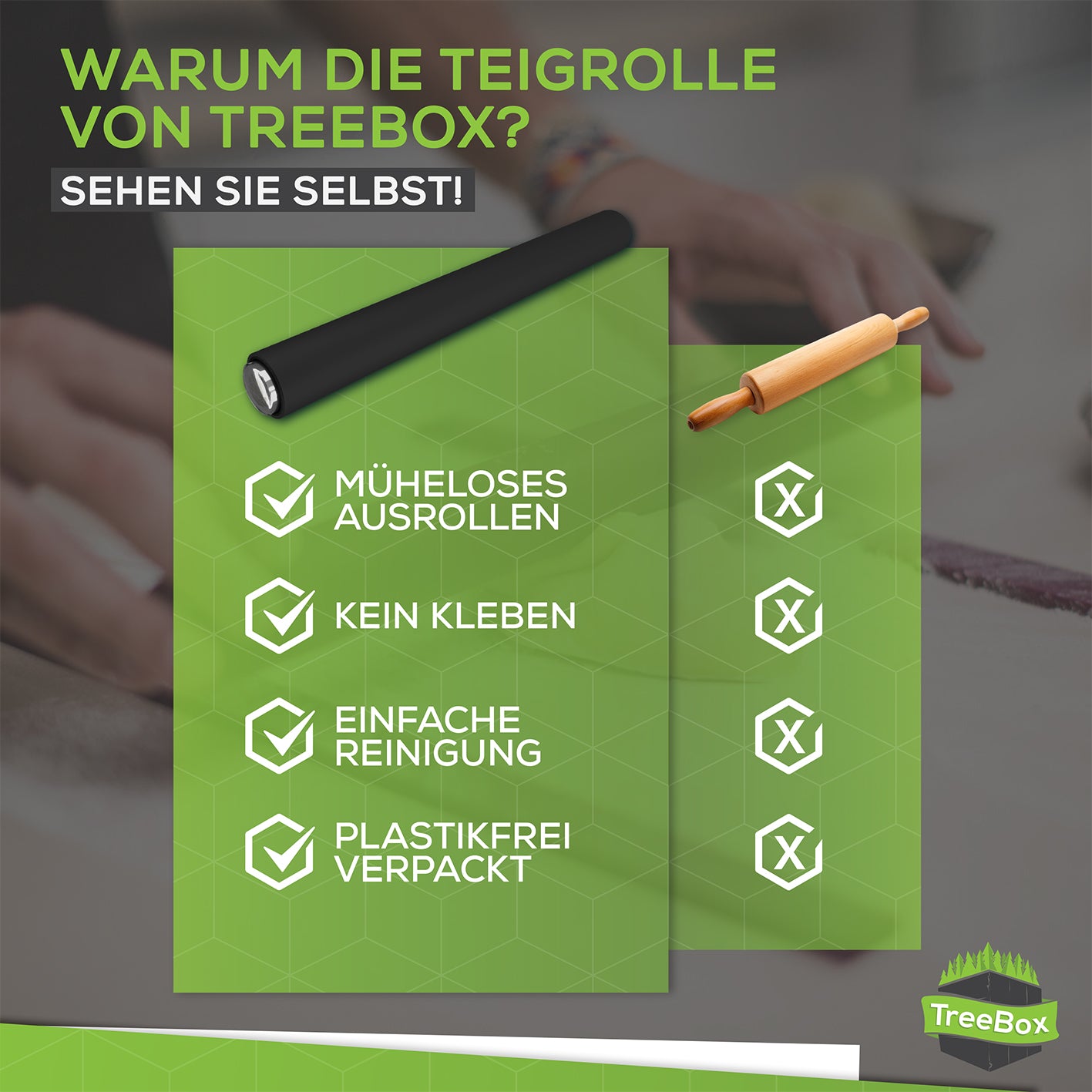 Teigroller aus Silikon - Schwarz auf grünem Hintergrund mit Vorteilen wie mühelosem Ausrollen und einfacher Reinigung.