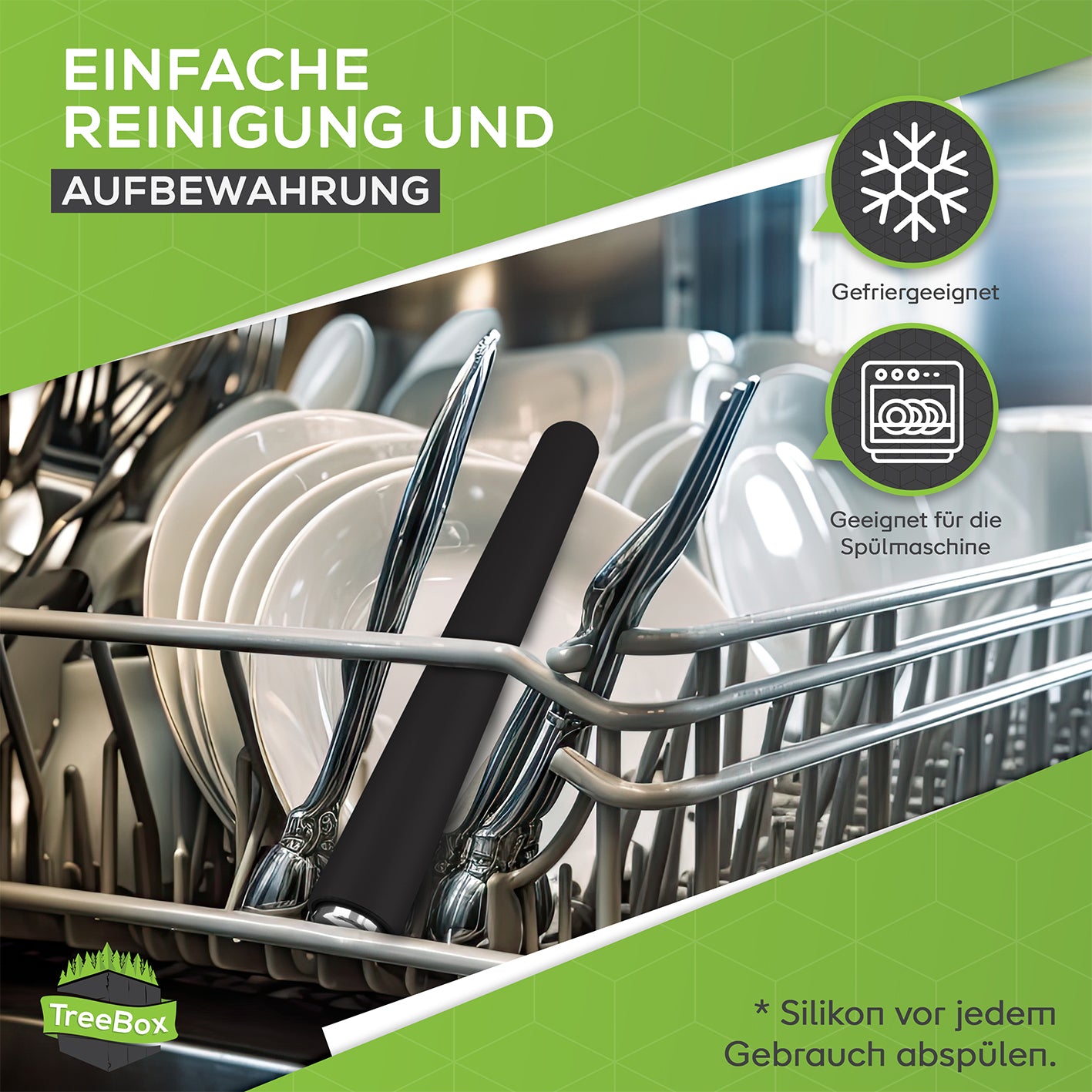 Teigroller aus Silikon - Schwarz im Besteckkorb, geeignet für Spülmaschine und Gefrierfach, einfache Reinigung und Aufbewahrung.