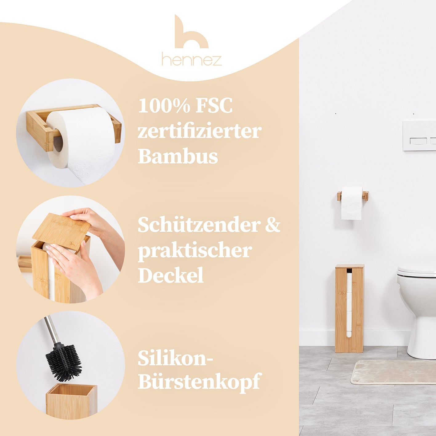 WC-Garnitur - 4-tlg. - Bambus mit Toilettenpapierhalter, Aufbewahrung, Bürstenhalter und Silikon-Bürstenkopf in modernem Design