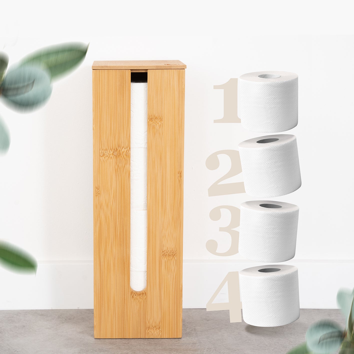WC-Garnitur - 4-tlg. - Bambus Toilettenpapierhalter aus nachhaltigem Bambus mit schlankem Design für bis zu vier Rollen.