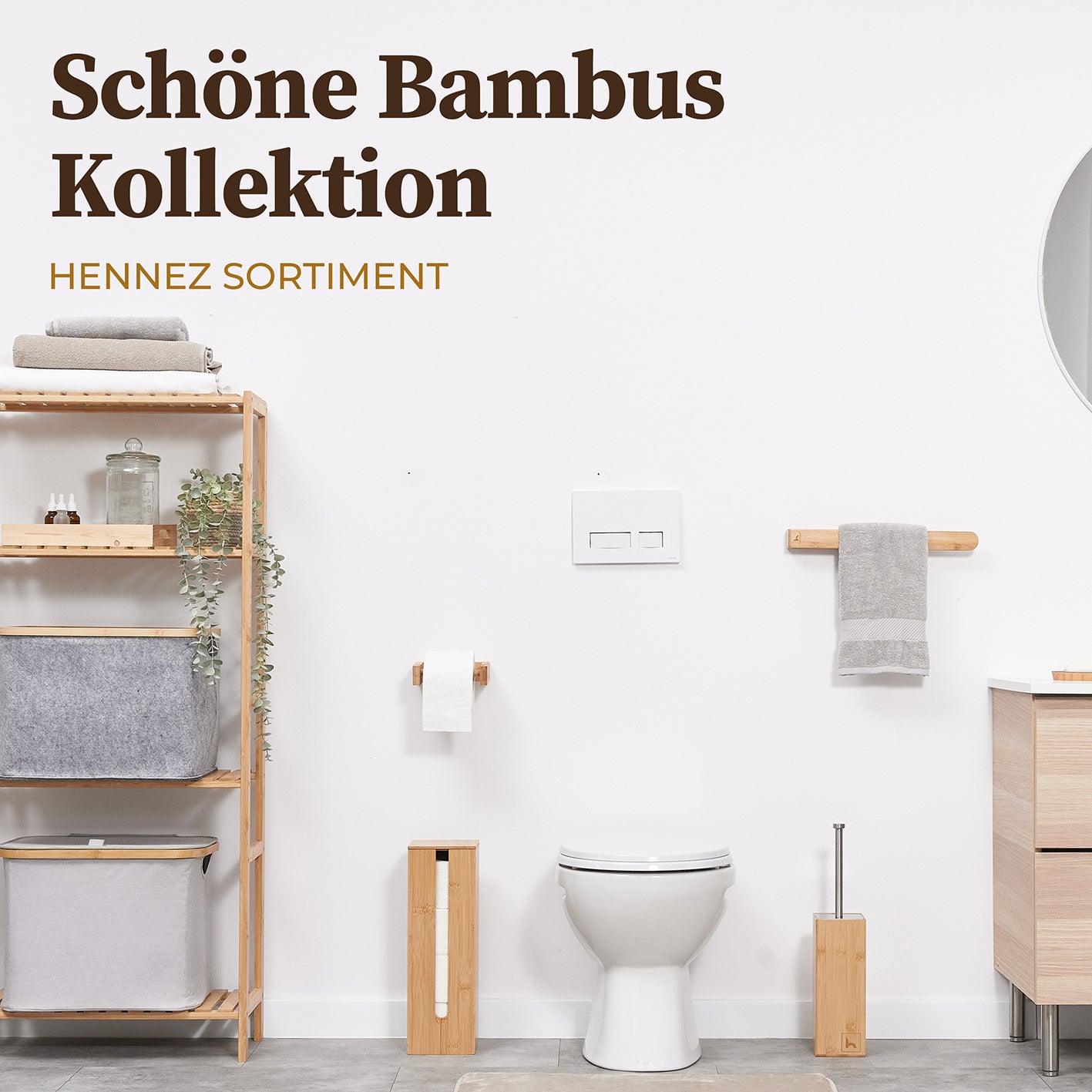 WC-Garnitur - 4-tlg. - Bambus mit Toilettenpapierhalter, Bürstenhalter und Aufbewahrung in modernem, nachhaltigem Design für Gäste-WC.