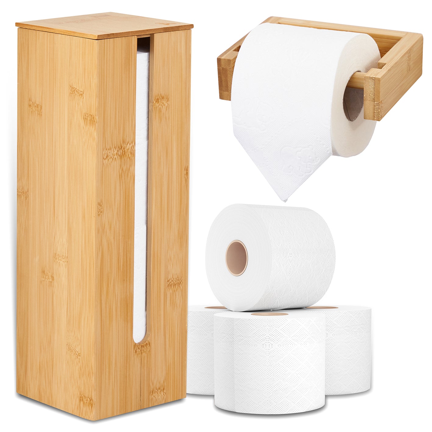 WC-Garnitur - 2-tlg. - Bambus mit modernem Design, nachhaltigem Material sowie Toilette papierhalter und Aufbewahrung mit Deckel.