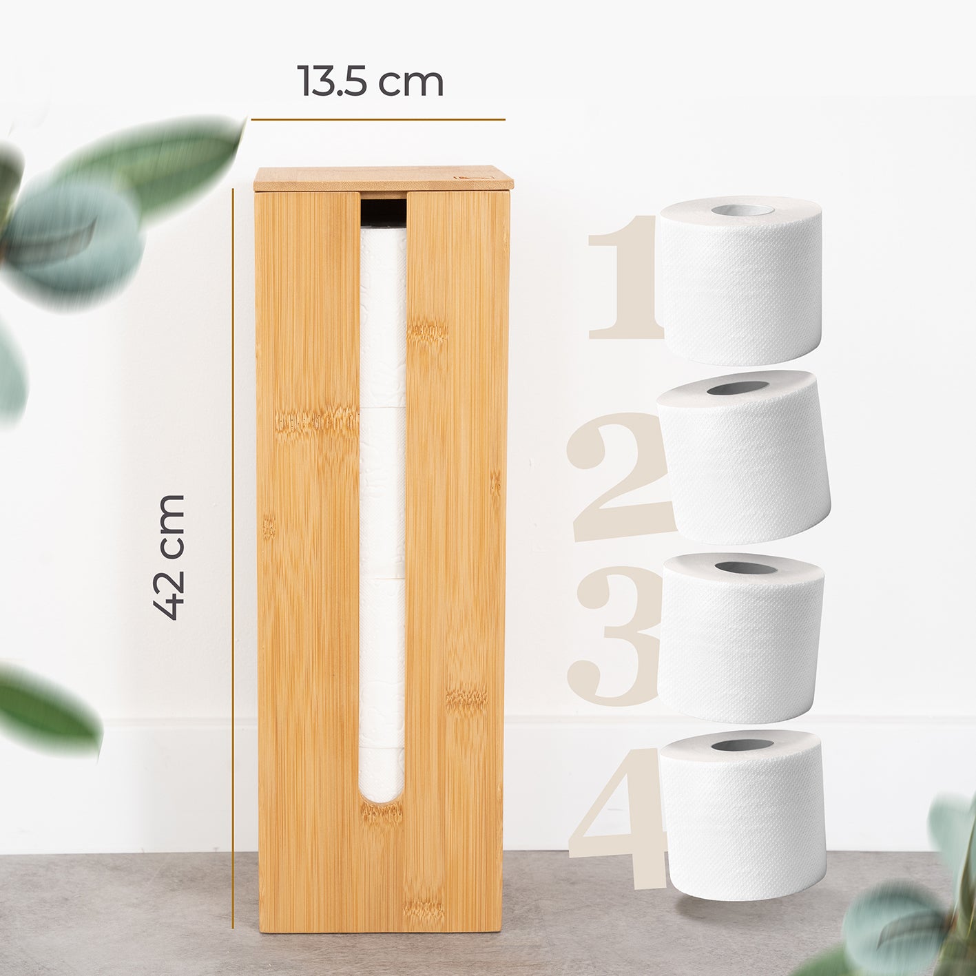 WC-Garnitur - 2-tlg. - Bambus aus nachhaltigem Material mit Toilettenpapierhalter und Aufbewahrung für vier Rollen.