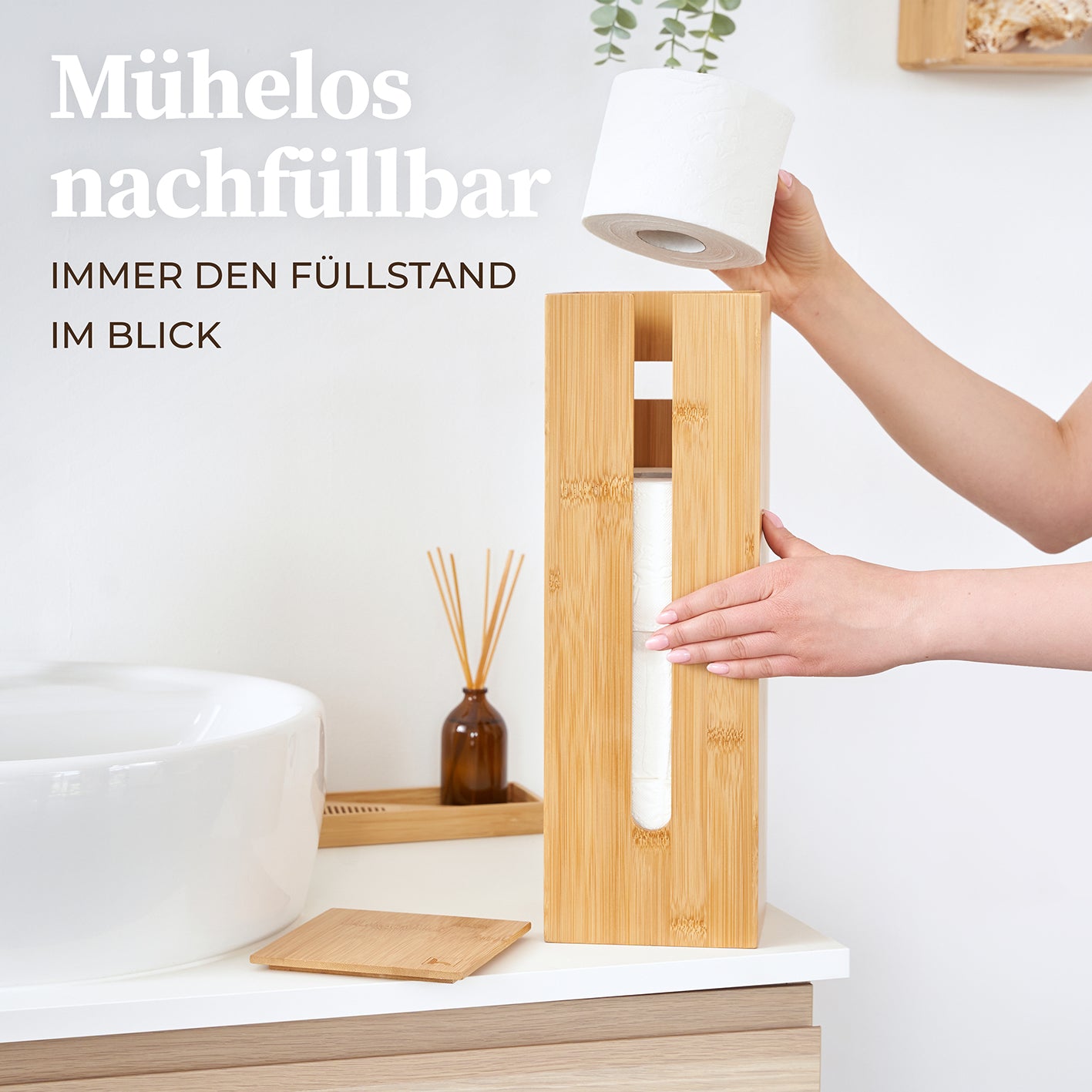 WC-Garnitur - 2-tlg. - Bambus Toilettenpapierhalter und Aufbewahrung aus nachhaltigem Bambus mit praktischem Sichtfenster und Deckel.