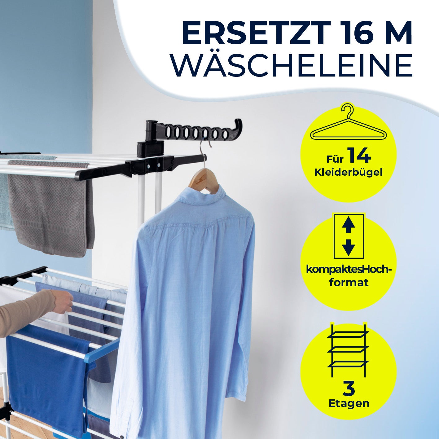 Wäsche-Tower 1600 - Schwarz mit 3 Etagen, kompakt, ersetzt 16 m Wäscheleine, Platz für 14 Kleiderbügel, ideal für drinnen und draußen.
