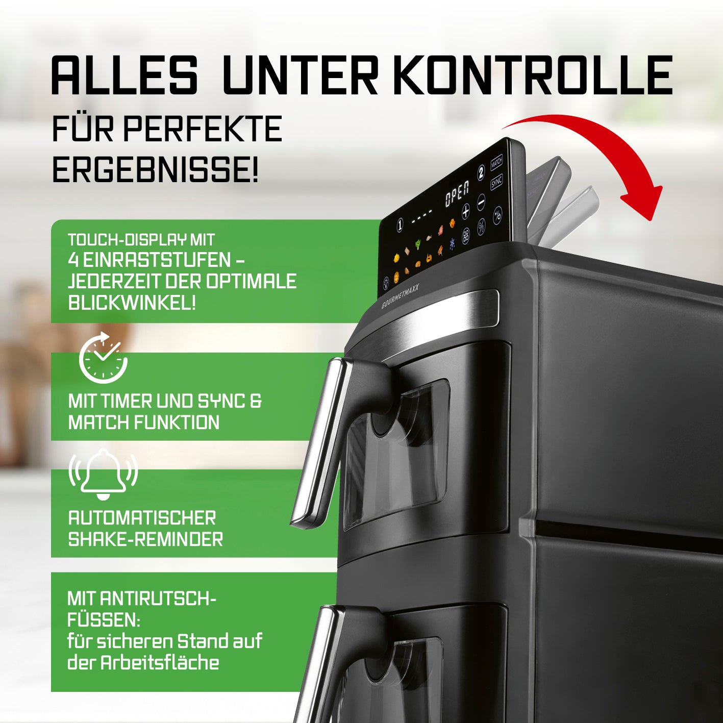 FryUp XL Vertikale Doppelkammer-Heißluftfritteuse mit Sichtfenster - 12 L mit klappbarem LED-Touchdisplay und Sync & Match Funktion.