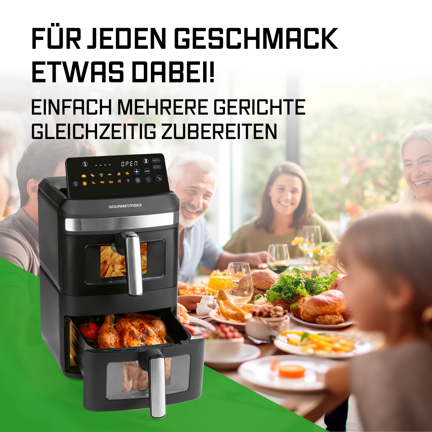 FryUp XL Vertikale Doppelkammer-Heißluftfritteuse mit Sichtfenster 12 L zeigt mehrere Gerichte, perfekt für Familienessen.