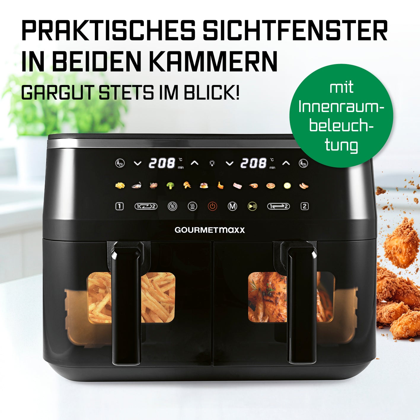 Doppelkammer-Heißluftfritteuse mit Sichtfenstern - 9 Liter (2 x 4,5 l) mit LED-Display und beleuchteten Garzonen für perfekte Sicht beim Garen.
