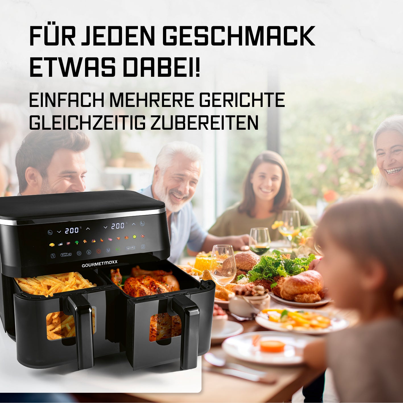 Doppelkammer-Heißluftfritteuse mit Sichtfenstern - 9 Liter (2 x 4,5 l) mit LED-Touchdisplay und 2 Garzonen für vielseitiges Kochen