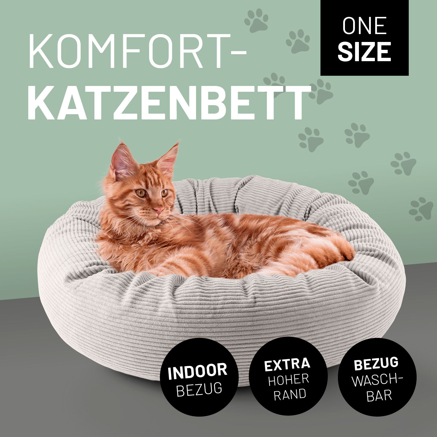 Komfort-Katzenbett aus der LUMALAND Cord-Reihe - Ø 60 cm - Beige mit extra hohem Rand und waschbarem Indoor-Bezug für Katzenkomfort.