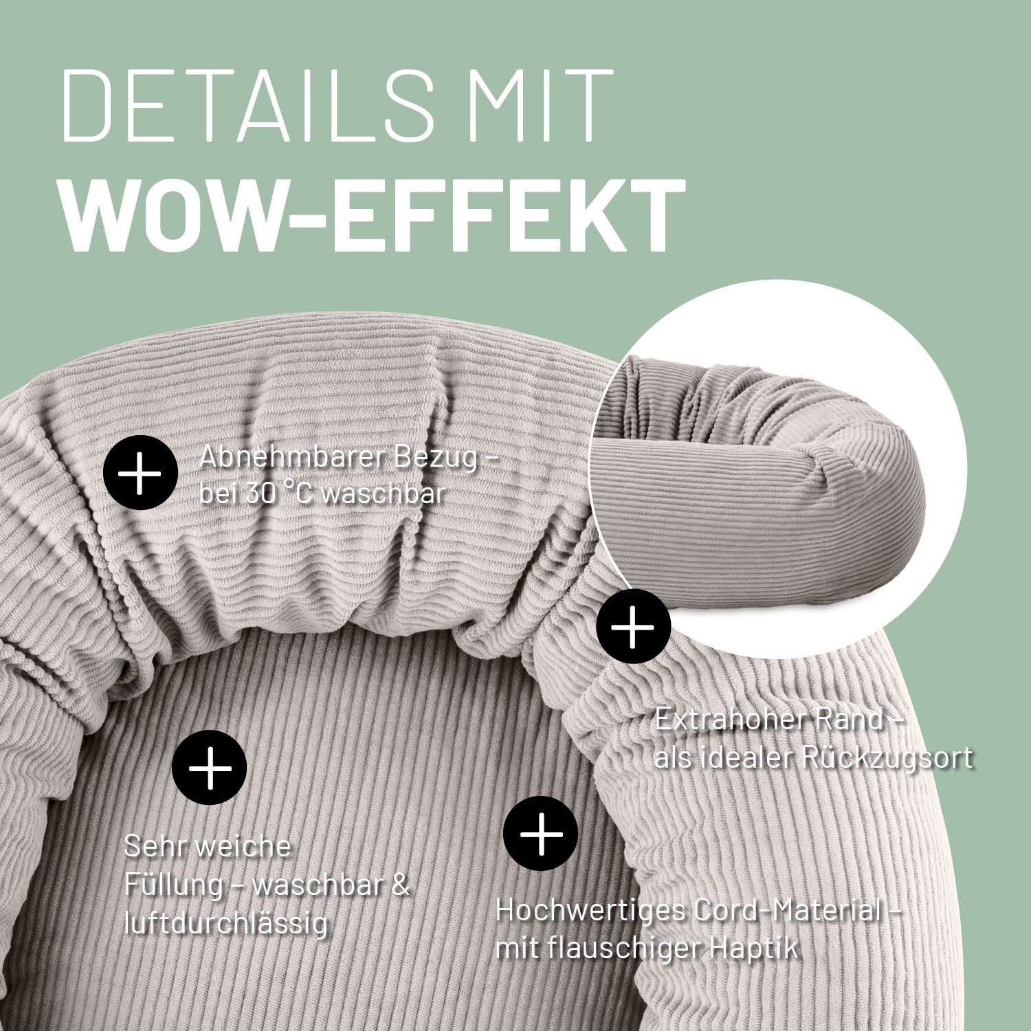 Komfort-Katzenbett aus der LUMALAND Cord-Reihe - Ø 60 cm - Beige mit waschbarem Bezug, weicher Füllung und extra hohem Rand für Katzenkomfort