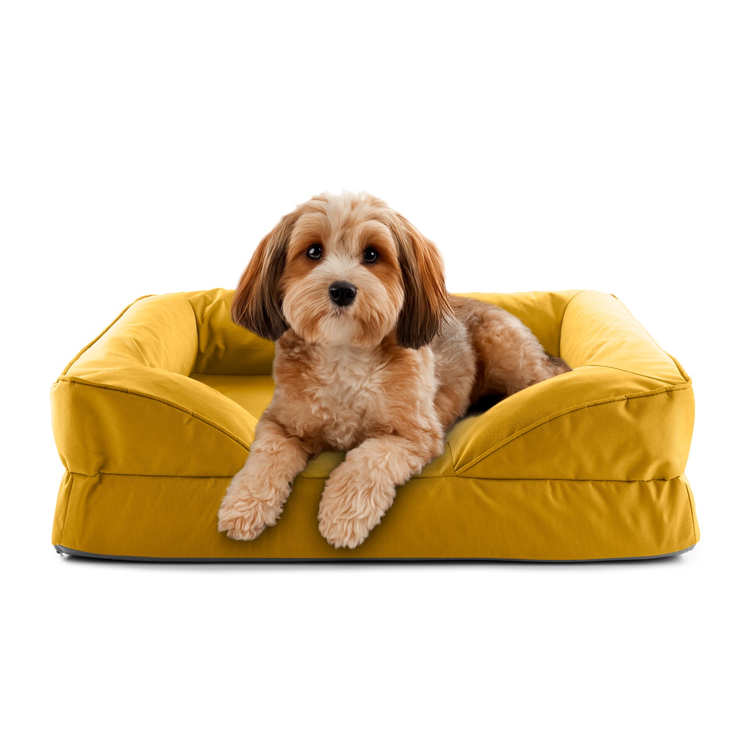 Komfort-Hundebett aus der LUMALAND Outdoor-Kollektion Gr. S Senfgelb mit extrahohen Rändern, wasserfestem Bezug und rutschhemmendem Boden