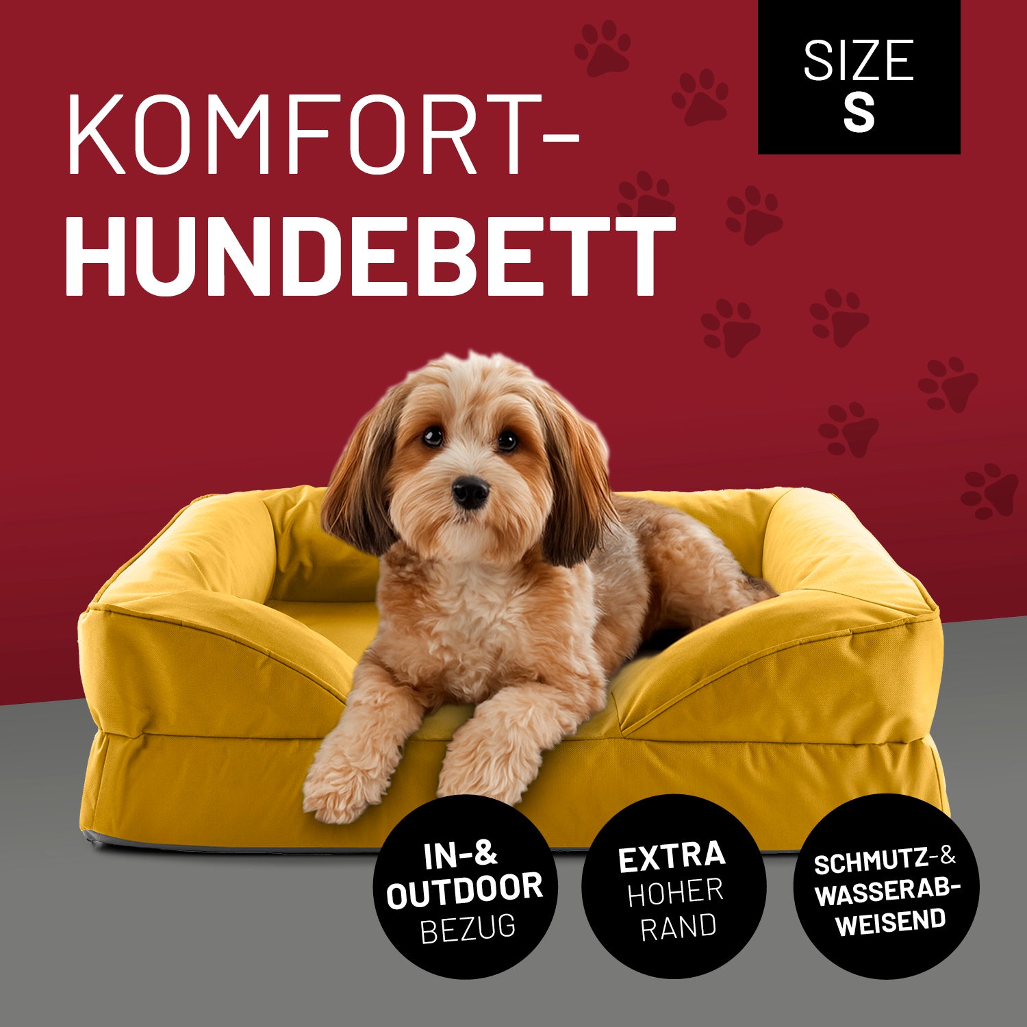 Komfort-Hundebett aus der LUMALAND Outdoor-Kollektion - Gr. S - 70 x 60 cm - Senfgelb mit extra hohem Rand und wasserabweisendem Bezug