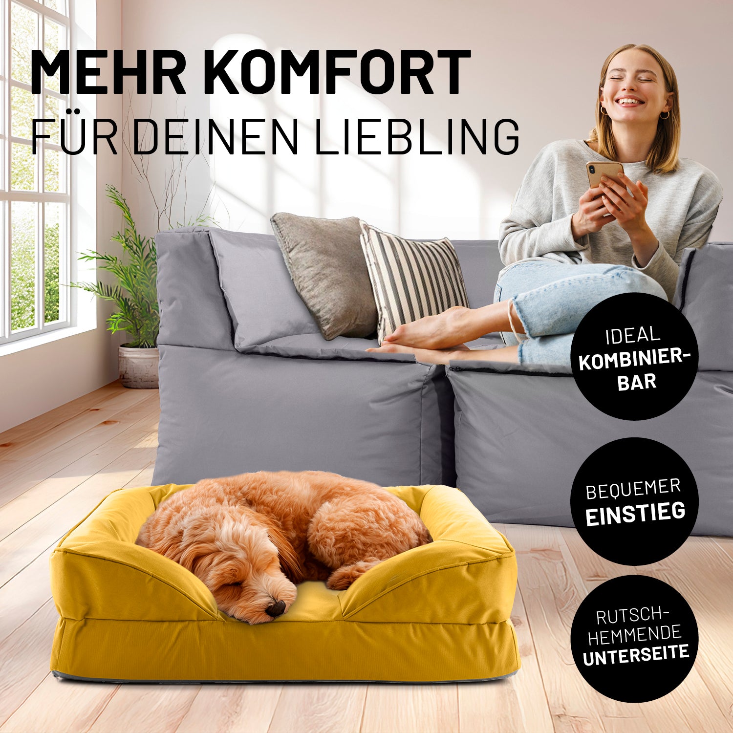 Komfort-Hundebett aus der LUMALAND Outdoor-Kollektion - Gr. S - 70 x 60 cm - Senfgelb mit hohem Rand und rutschhemmender Unterseite.