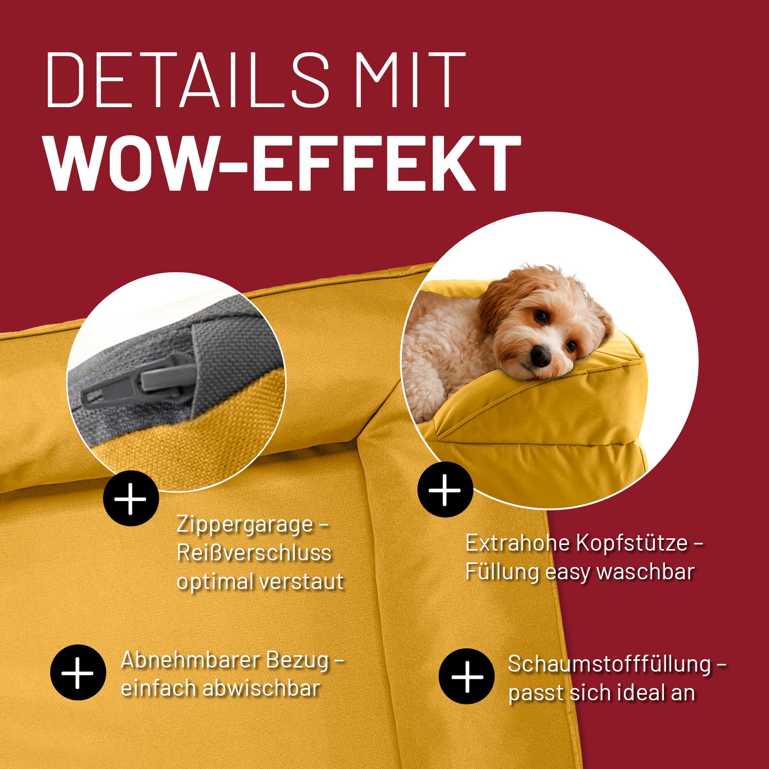 Komfort-Hundebett aus der LUMALAND Outdoor-Kollektion - Gr. S - 70 x 60 cm - Senfgelb mit extrahohem Rand und waschbarem Bezug