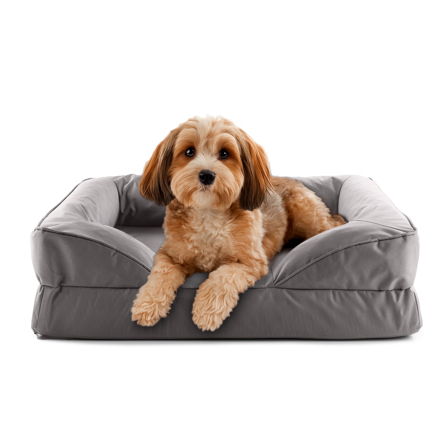 Komfort-Hundebett aus der LUMALAND Outdoor-Kollektion - Gr. S - 70 x 60 cm - Grau mit extrahohen Rändern und robustem Outdoor-Bezug.