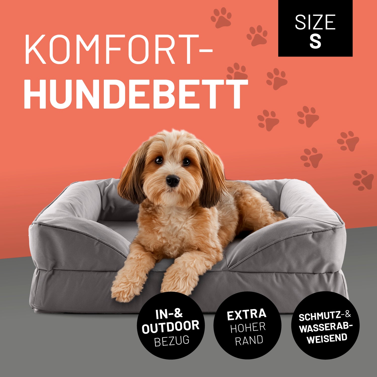 Komfort-Hundebett aus der LUMALAND Outdoor-Kollektion - Gr. S - 70 x 60 cm - Grau mit extra hohem Rand und wasserabweisendem Bezug