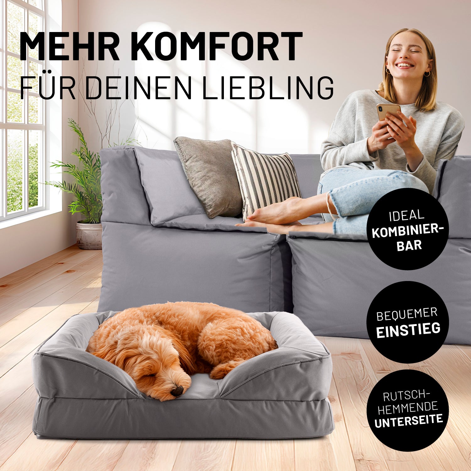 Komfort-Hundebett aus der LUMALAND Outdoor-Kollektion - Gr. S - 70 x 60 cm - Grau mit extrahohem Rand und rutschhemmender Unterseite.
