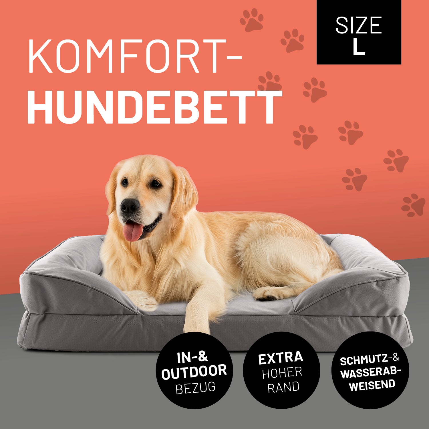 Komfort-Hundebett aus der LUMALAND Outdoor-Kollektion - Gr. L - 110 x 75 cm - Grau mit extra hohem Rand und wasserabweisendem Bezug