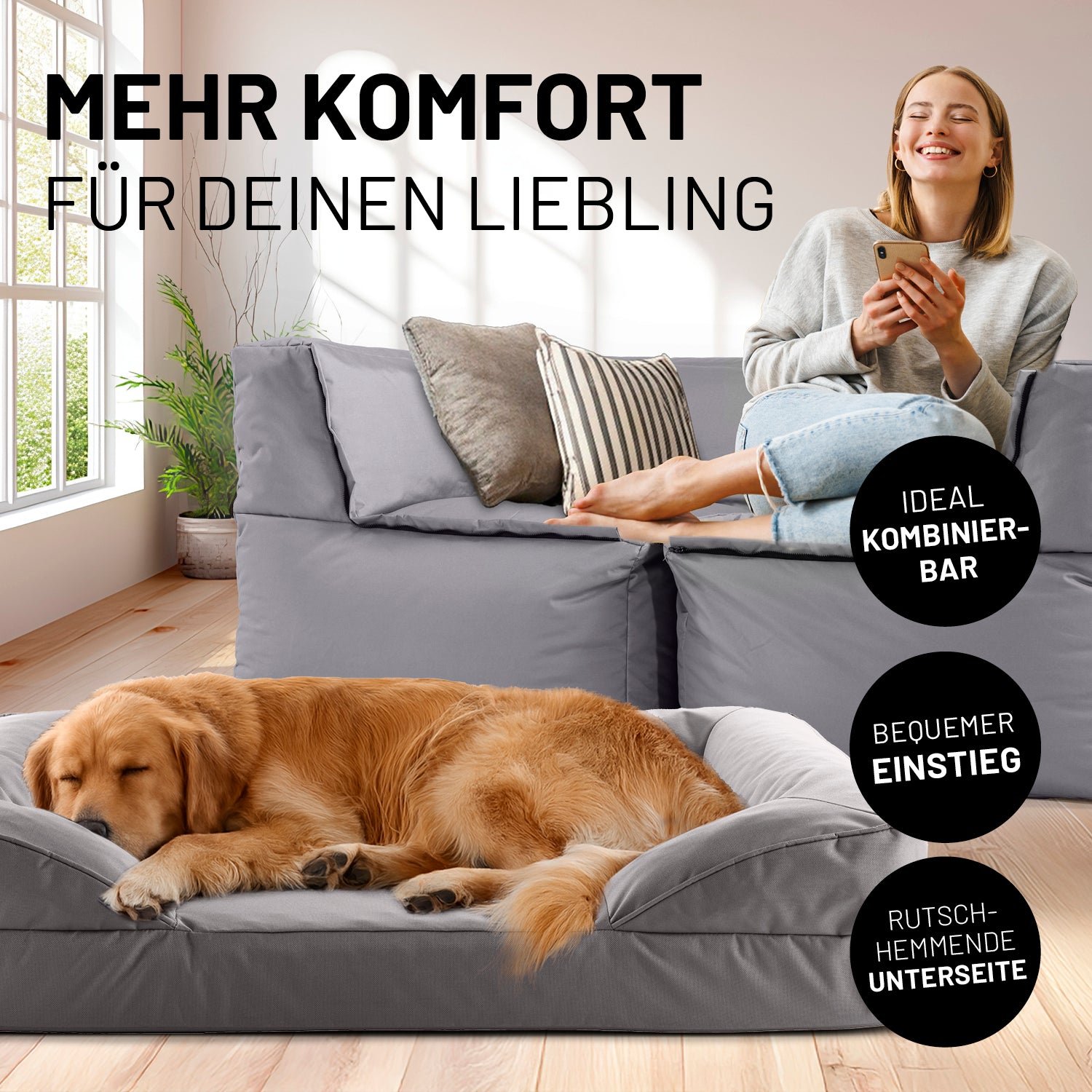 Komfort-Hundebett aus der LUMALAND Outdoor-Kollektion - Gr. L - 110 x 75 cm - Grau mit hoher Lehne und rutschhemmendem Boden