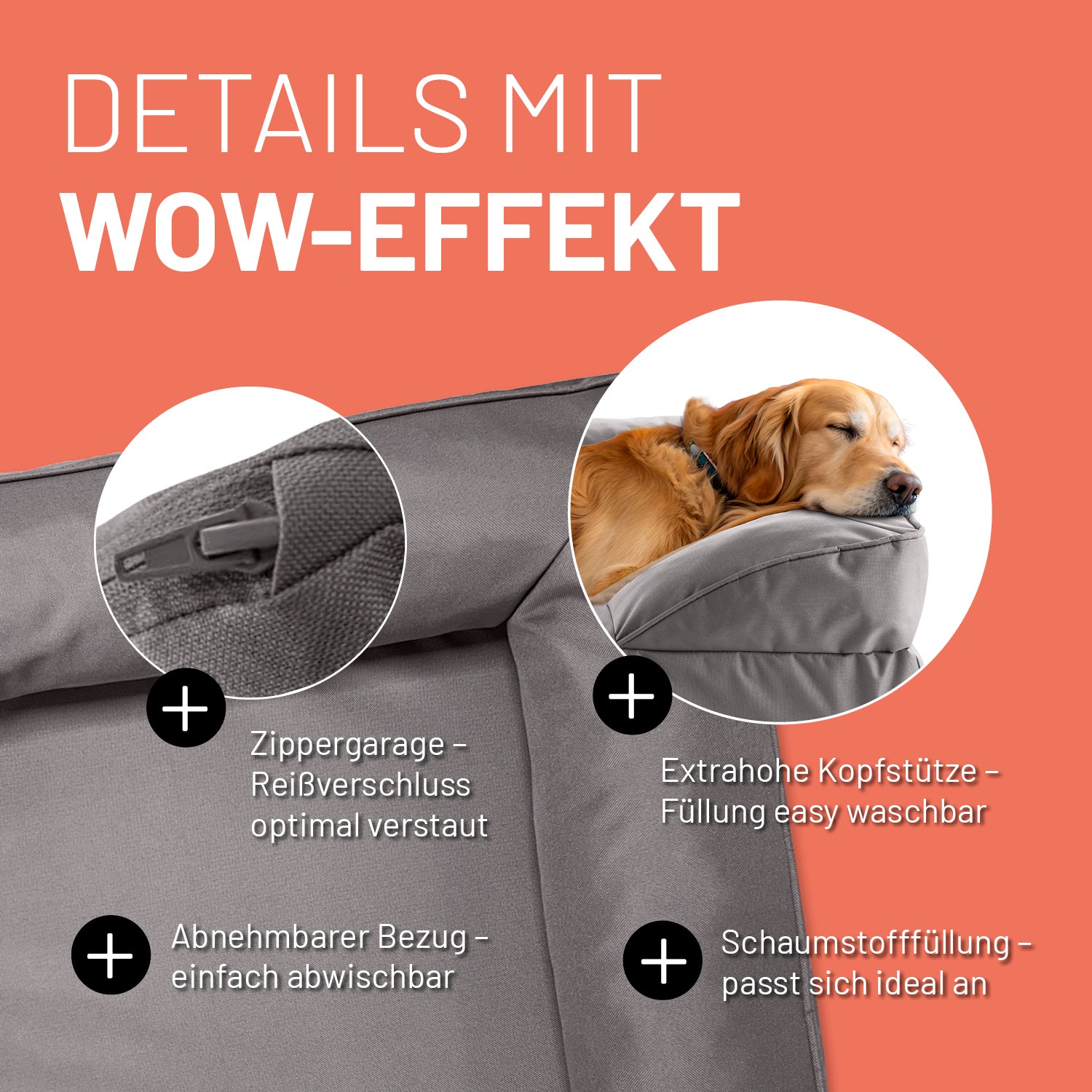 Komfort-Hundebett aus der LUMALAND Outdoor-Kollektion Gr. L Grau mit Reißverschluss, abnehmbarem Bezug, Schaumstofffüllung und extra hoher Kopfstütze