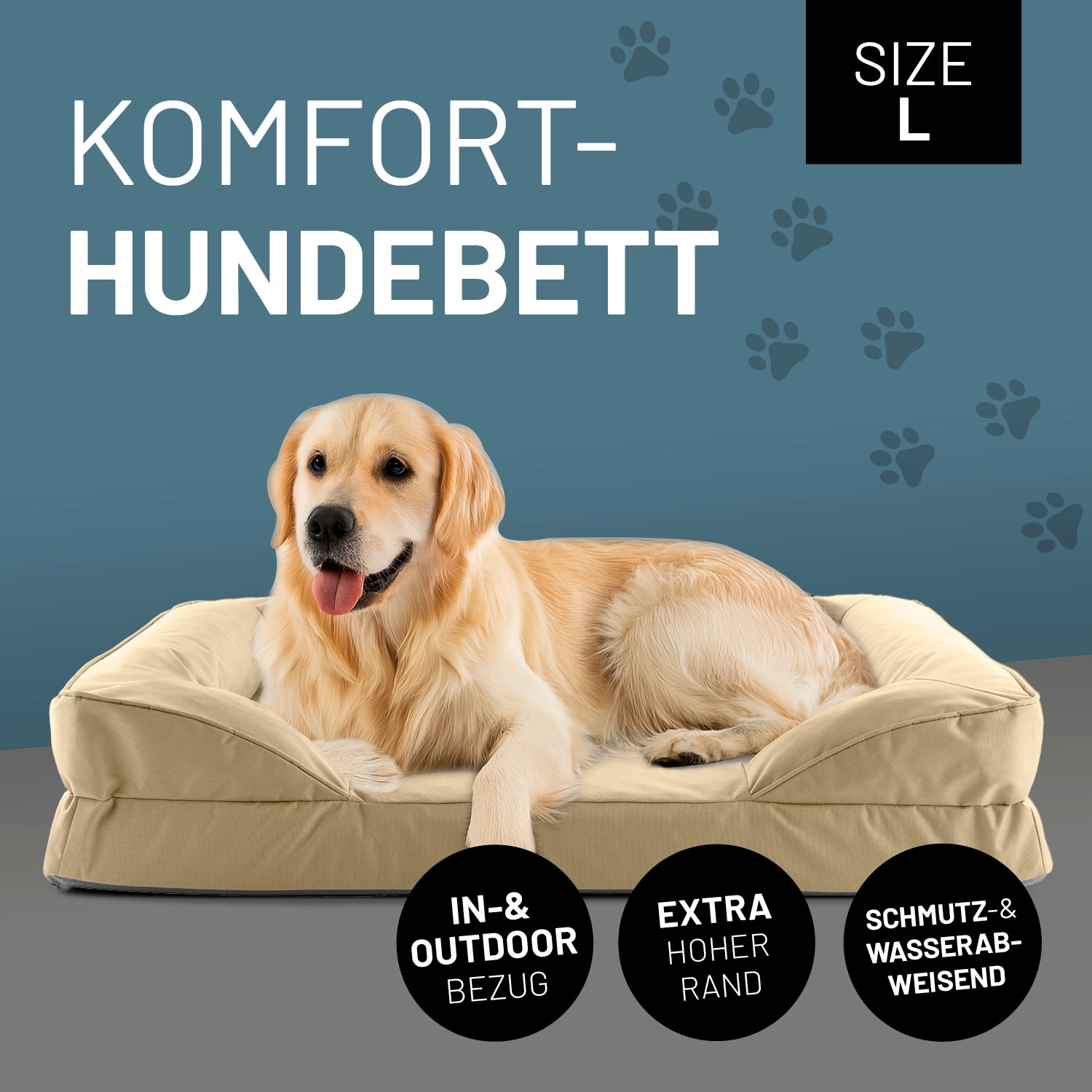 Komfort-Hundebett aus der LUMALAND Outdoor-Kollektion Gr. L 110 x 75 cm Beige mit extra hohem Rand und wasserabweisendem Bezug
