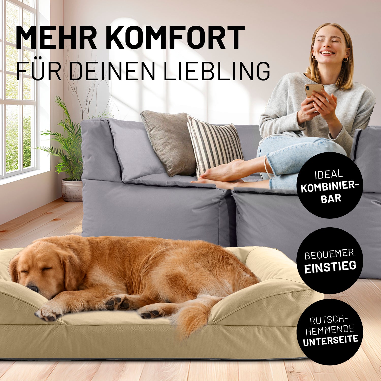 Komfort-Hundebett aus der LUMALAND Outdoor-Kollektion - Gr. L - 110 x 75 cm - Beige mit hohem Rand und rutschhemmender Unterseite.