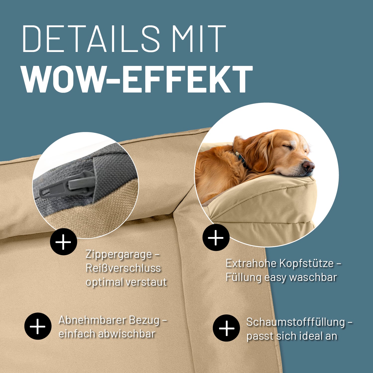 Komfort-Hundebett aus der LUMALAND Outdoor-Kollektion - Gr. L - 110 x 75 cm - Beige mit waschbarem Bezug und extrahoher Kopfstütze.