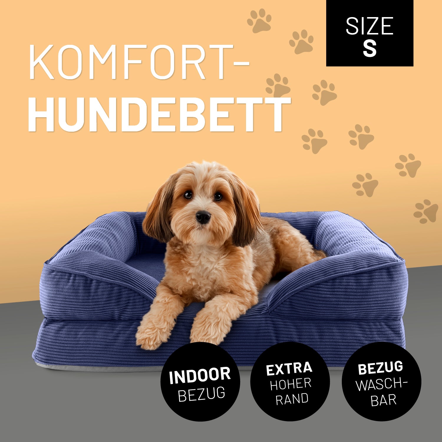 Komfort-Hundebett aus der LUMALAND Cord-Reihe Gr. S 70 x 60 cm Grau mit hohem Rand, rutschfestem Boden und waschbarem Cord-Bezug.
