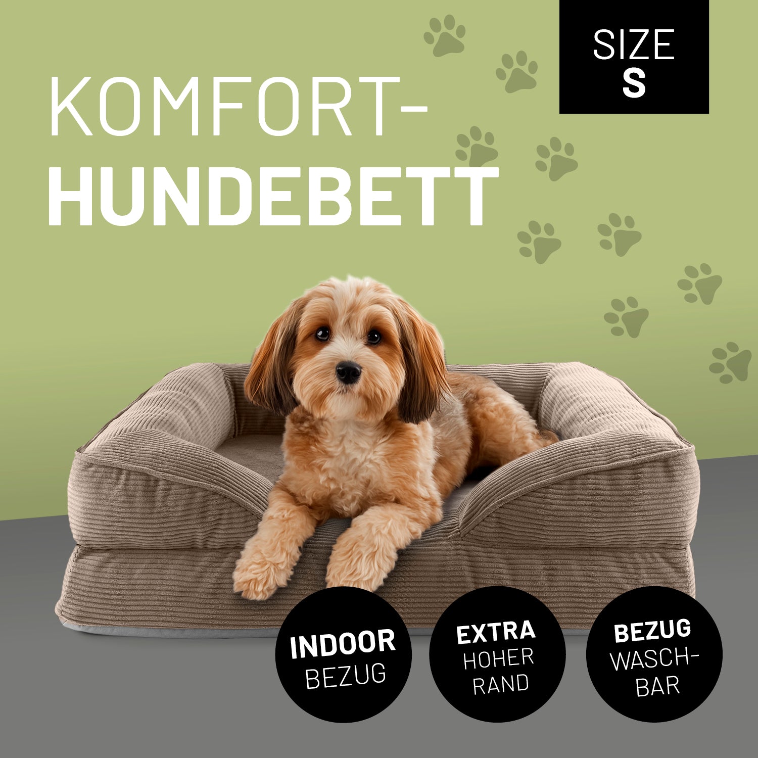 Komfort-Hundebett aus der LUMALAND Cord-Reihe - Gr. S - 70 x 60 cm - Grau mit hohem Rand und waschbarem Indoor-Bezug